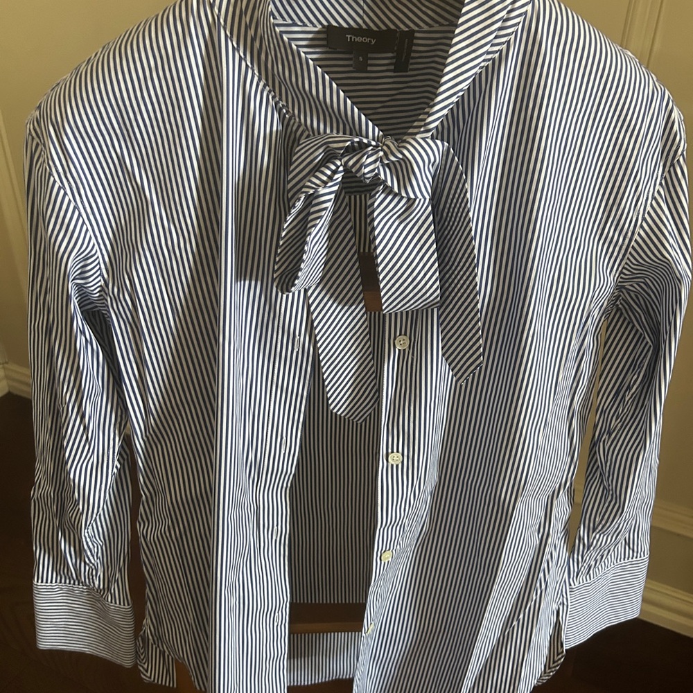 Theory Women's Blue and White Striped Button Down Shirt